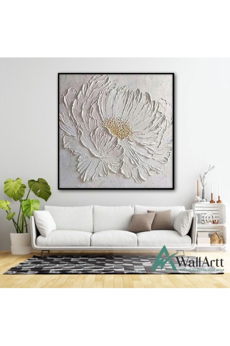 White Flower with Gold Buds II Heavy Textured Partial Oil Painting